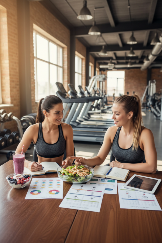 dos mujeres jóvenes y en buena forma física, trabajando en un ambiente de gimnasio un plan nutricional y deportivo
