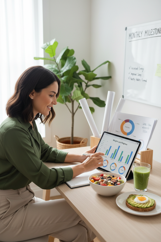 mujer joven nutricionista hace seguimiento de un plan nutricional y de los objetivos conseguidos, la imagen tiene que ser en formato vertical